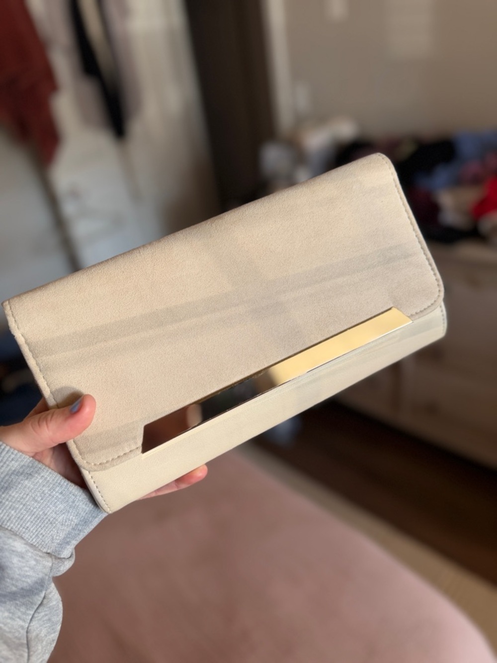 Aldo Cream Clutch with Gold Bar Accent